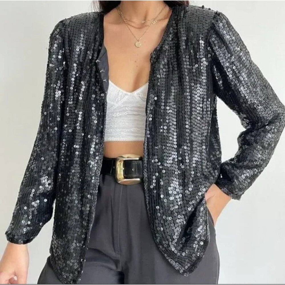 Stenay Silk Squin Jacket Small 80's Black Wedding Formal Party Cruise Holiday